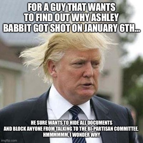 Donald Trump | FOR A GUY THAT WANTS TO FIND OUT WHY ASHLEY BABBIT GOT SHOT ON JANUARY 6TH…; HE SURE WANTS TO HIDE ALL DOCUMENTS AND BLOCK ANYONE FROM TALKING TO THE BI-PARTISAN COMMITTEE. 
HMMMMMM, I WONDER WHY | image tagged in donald trump | made w/ Imgflip meme maker