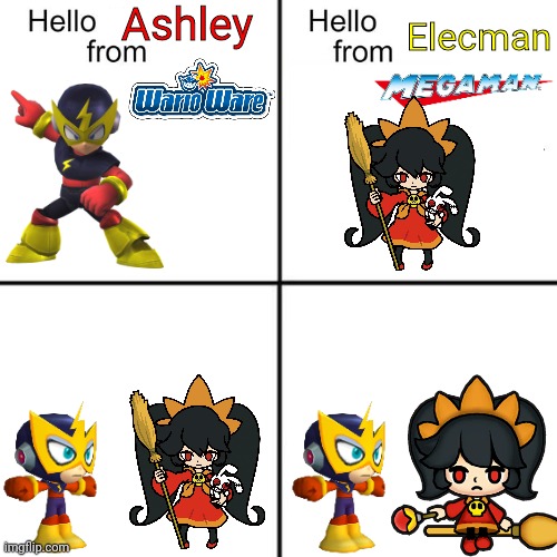 Chibi SSB4 Assist Trophies | Ashley; Elecman | image tagged in hello person from,warioware,megaman,super smash bros | made w/ Imgflip meme maker