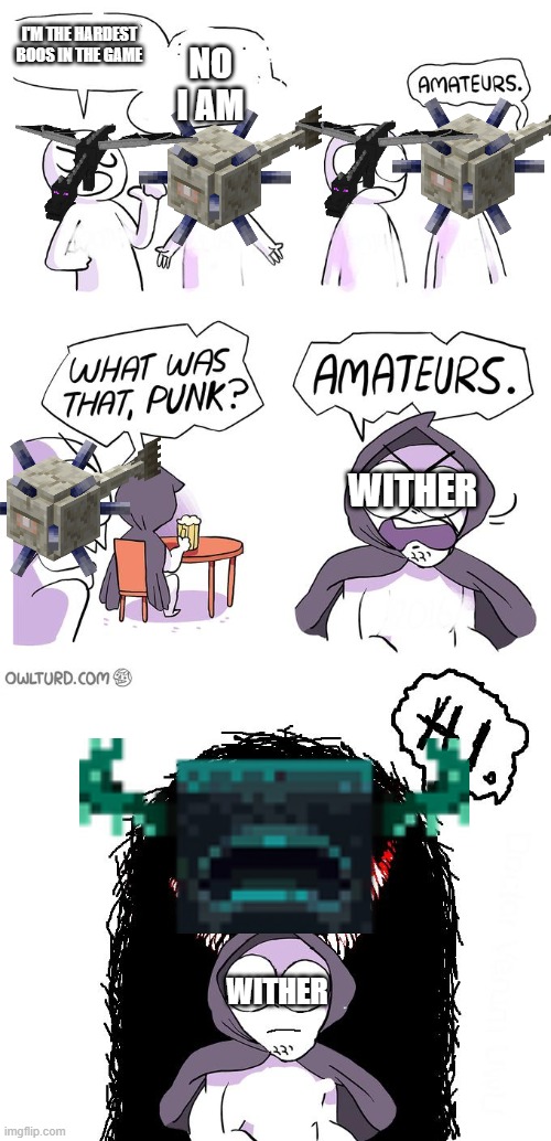 Amateurs 3.0 | I'M THE HARDEST BOOS IN THE GAME; NO I AM; WITHER; WITHER | image tagged in amateurs 3 0 | made w/ Imgflip meme maker