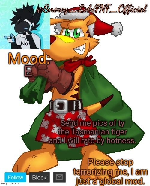 @SnowY_LokiFNF_Official Ty Christmas temp | E; Send me pics of ty the Tasmanian tiger and I will rate by hotness. | image tagged in snowy_lokifnf_official ty christmas temp | made w/ Imgflip meme maker