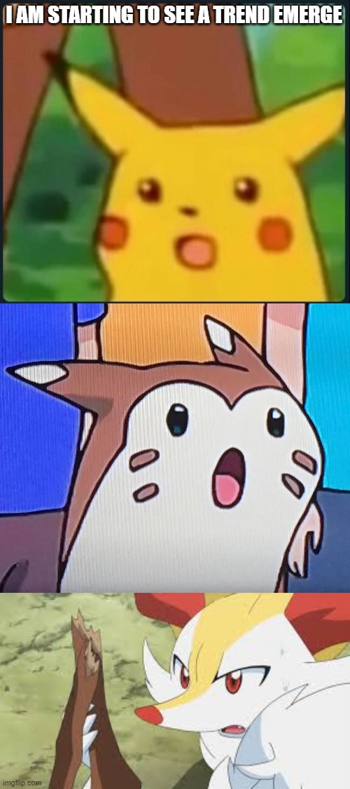 hmmmm | I AM STARTING TO SEE A TREND EMERGE | image tagged in surprised pikachu,suprised furret,shocked braixen | made w/ Imgflip meme maker