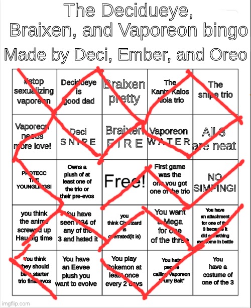 Decidueye Braixen Vaporeon bingo! | image tagged in decidueye braixen vaporeon bingo | made w/ Imgflip meme maker