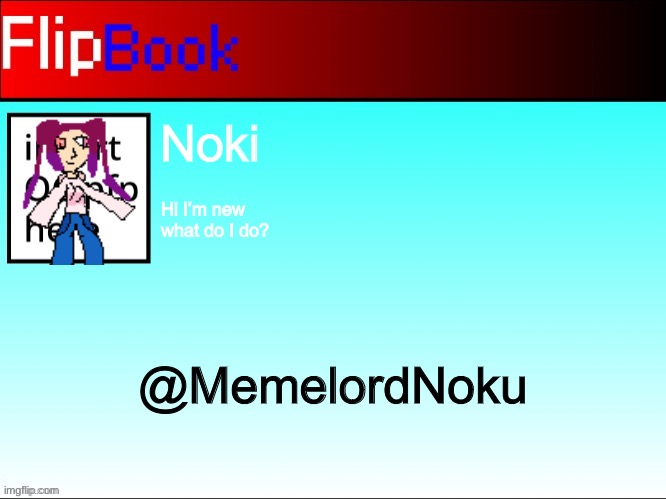 Joined less than an hour ago(FlipBook account) | Noki; Hi I’m new what do I do? @MemelordNoku | image tagged in flipbook profile | made w/ Imgflip meme maker