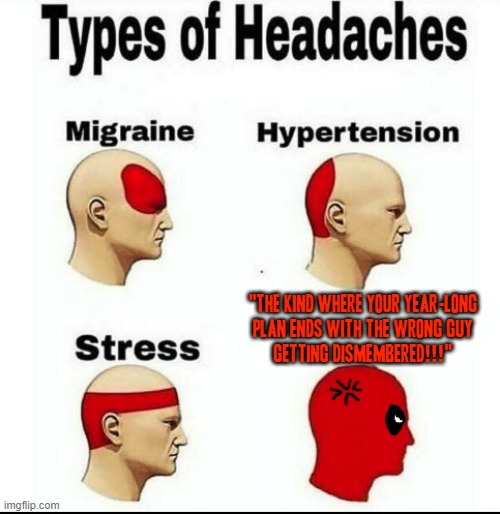 Deadpool movie reference (still had to re-do this meme cuz i kind of made a couple mistakes on the first try on this meme) |  "the kind where your year-long
plan ends with the wrong guy
getting dismembered!!!" | image tagged in types of headaches meme,memes,deadpool,movie reference,dank memes,savage memes | made w/ Imgflip meme maker