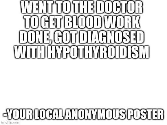 Blank White Template | WENT TO THE DOCTOR TO GET BLOOD WORK DONE, GOT DIAGNOSED WITH HYPOTHYROIDISM; -YOUR LOCAL ANONYMOUS POSTER | image tagged in blank white template | made w/ Imgflip meme maker