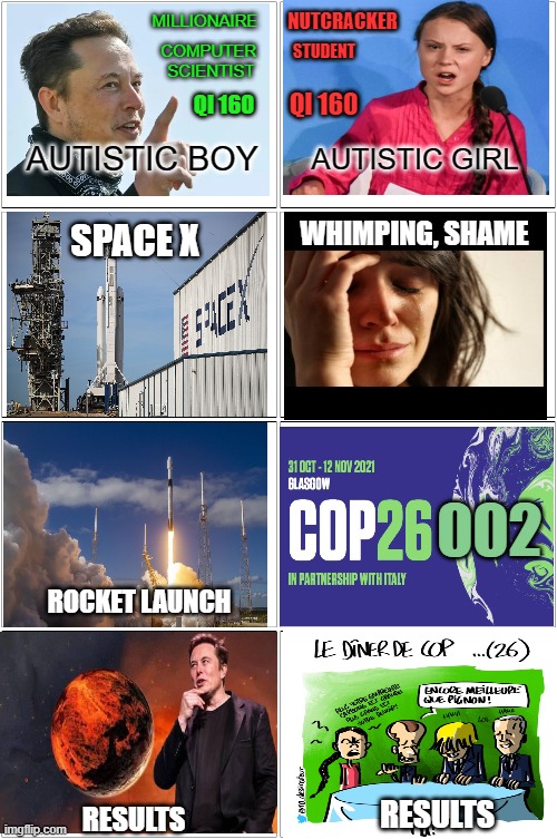 Autistic boy vs Autistic girl |  NUTCRACKER; MILLIONAIRE; COMPUTER 
SCIENTIST; STUDENT; QI 160; QI 160; AUTISTIC BOY; AUTISTIC GIRL; WHIMPING, SHAME; SPACE X; 002; ROCKET LAUNCH; RESULTS; RESULTS | image tagged in memes,elon musk,greta thunberg,spacex,cop26,cop | made w/ Imgflip meme maker