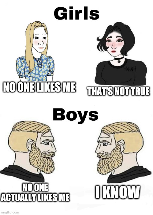 Girls vs Boys | NO ONE LIKES ME; THAT'S NOT TRUE; I KNOW; NO ONE ACTUALLY LIKES ME | image tagged in girls vs boys,boys vs girls | made w/ Imgflip meme maker