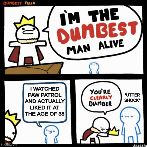 What | I WATCHED PAW PATROL AND ACTUALLY LIKED IT AT THE AGE OF 38; *UTTER SHOCK* | image tagged in i'm the dumbest man alive | made w/ Imgflip meme maker