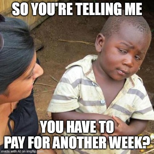 When you're again in the world on his own business | SO YOU'RE TELLING ME; YOU HAVE TO PAY FOR ANOTHER WEEK? | image tagged in memes,third world skeptical kid | made w/ Imgflip meme maker