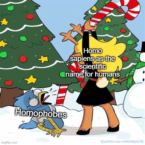They're mad as to why it's not Hetero Sapiens | Homo sapiens as the scientific name for humans; Homophobes | image tagged in noelle beating berdly | made w/ Imgflip meme maker