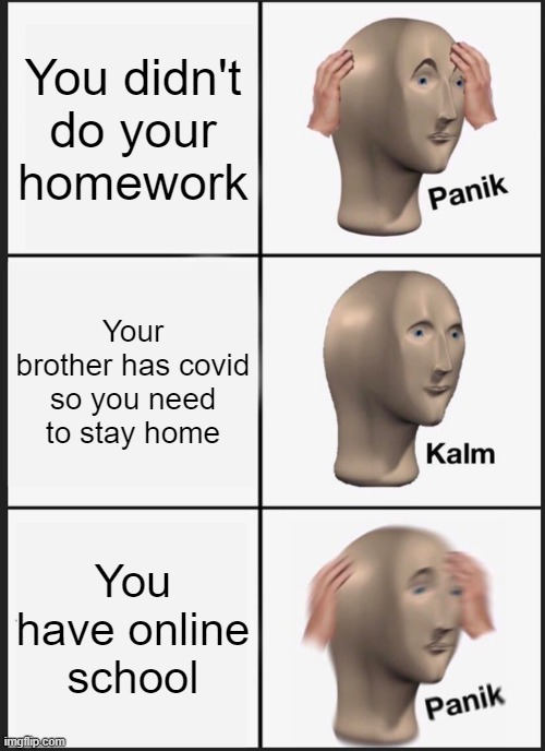 Frick |  You didn't do your homework; Your brother has covid so you need to stay home; You have online school | image tagged in memes,panik kalm panik | made w/ Imgflip meme maker