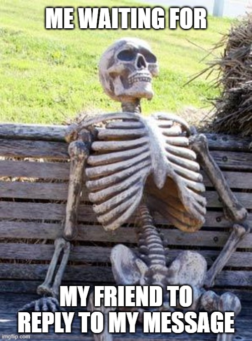 Me Waiting | ME WAITING FOR; MY FRIEND TO REPLY TO MY MESSAGE | image tagged in memes,waiting skeleton | made w/ Imgflip meme maker