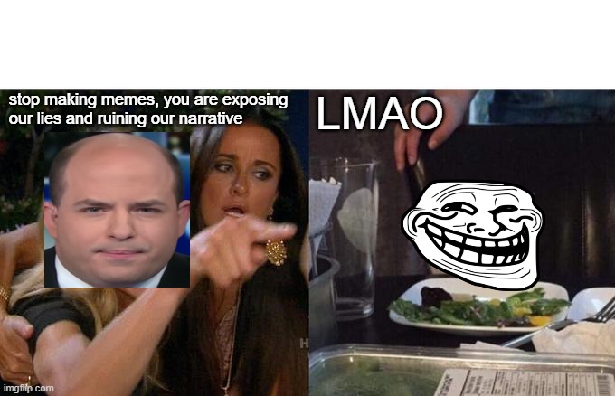 Stelter LMAO | LMAO; stop making memes, you are exposing our lies and ruining our narrative | image tagged in memes,woman yelling at cat,brian stelter,cnn,triggered | made w/ Imgflip meme maker