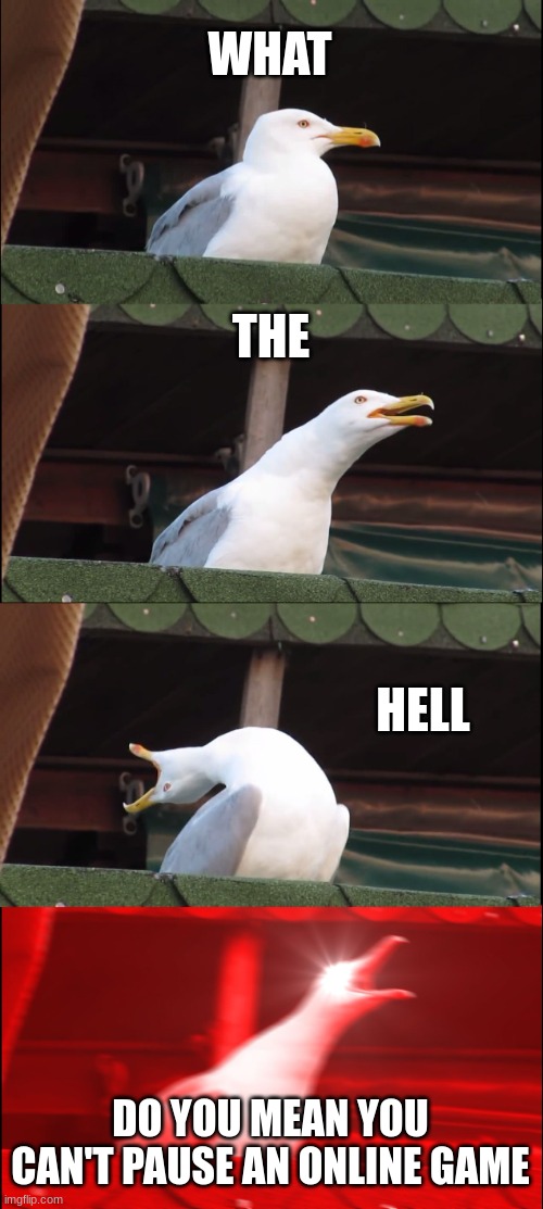 Inhaling Seagull Meme | WHAT; THE; HELL; DO YOU MEAN YOU CAN'T PAUSE AN ONLINE GAME | image tagged in memes,inhaling seagull | made w/ Imgflip meme maker