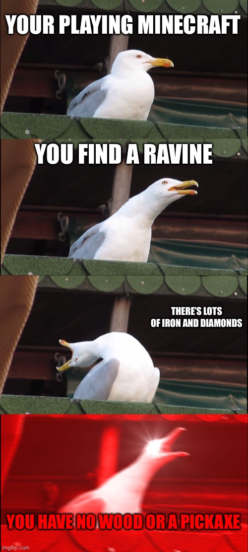 Inhaling Seagull | YOUR PLAYING MINECRAFT; YOU FIND A RAVINE; THERE’S LOTS OF IRON AND DIAMONDS; YOU HAVE NO WOOD OR A PICKAXE | image tagged in memes,inhaling seagull | made w/ Imgflip meme maker