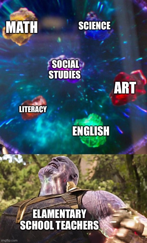 Thanos Infinity Stones | MATH; SCIENCE; SOCIAL STUDIES; ART; LITERACY; ENGLISH; ELAMENTARY  SCHOOL TEACHERS | image tagged in thanos infinity stones | made w/ Imgflip meme maker