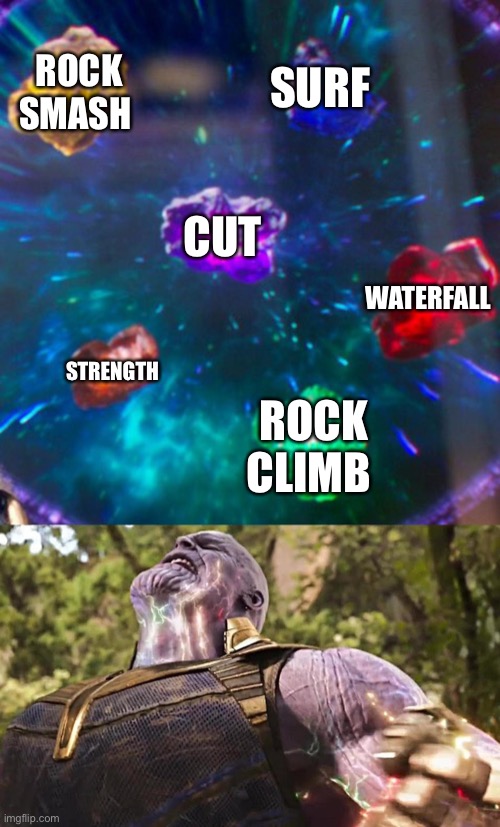 Thanos Infinity Stones |  ROCK SMASH; SURF; CUT; WATERFALL; STRENGTH; ROCK CLIMB | image tagged in thanos infinity stones | made w/ Imgflip meme maker