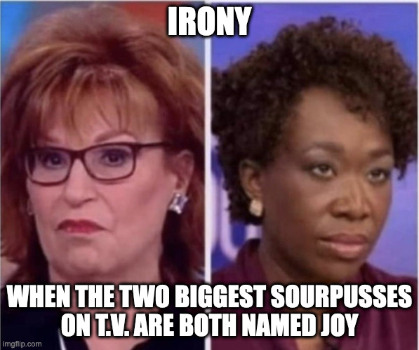 IRONY; WHEN THE TWO BIGGEST SOURPUSSES ON T.V. ARE BOTH NAMED JOY | image tagged in ironic,this one sparks joy | made w/ Imgflip meme maker