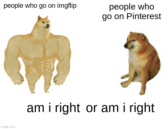 imgflip gods | people who go on imgflip; people who go on Pinterest; am i right; or am i right | image tagged in memes,buff doge vs cheems,pinterest,imgflip | made w/ Imgflip meme maker