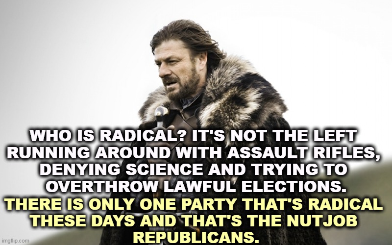 The Radical Right is more radical than anybody else, and more violent. | WHO IS RADICAL? IT'S NOT THE LEFT 
RUNNING AROUND WITH ASSAULT RIFLES, 
DENYING SCIENCE AND TRYING TO 
OVERTHROW LAWFUL ELECTIONS. THERE IS ONLY ONE PARTY THAT'S RADICAL 
THESE DAYS AND THAT'S THE NUTJOB 
REPUBLICANS. | image tagged in sean bean got,radical,right wing,conservative,republicans,crazy | made w/ Imgflip meme maker