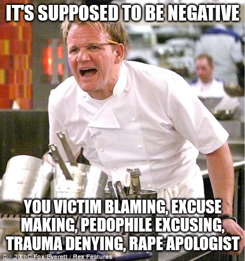 Chef Gordon Ramsay Meme | IT'S SUPPOSED TO BE NEGATIVE YOU VICTIM BLAMING, EXCUSE MAKING, PEDOPHILE EXCUSING, TRAUMA DENYING, RAPE APOLOGIST | image tagged in memes,chef gordon ramsay | made w/ Imgflip meme maker