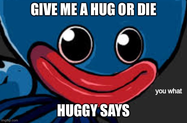 you what (Huggy Wuggy edition) | GIVE ME A HUG OR DIE; HUGGY SAYS | image tagged in you what huggy wuggy edition | made w/ Imgflip meme maker