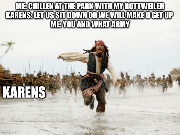 Jack Sparrow Being Chased | ME: CHILLEN AT THE PARK WITH MY ROTTWEILER
KARENS: LET US SIT DOWN OR WE WILL MAKE U GET UP 
ME: YOU AND WHAT ARMY; KARENS | image tagged in memes,jack sparrow being chased | made w/ Imgflip meme maker