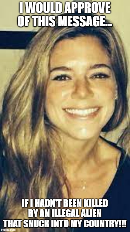 Kate Steinle | I WOULD APPROVE OF THIS MESSAGE... IF I HADN'T BEEN KILLED BY AN ILLEGAL ALIEN THAT SNUCK INTO MY COUNTRY!!! | image tagged in kate steinle | made w/ Imgflip meme maker