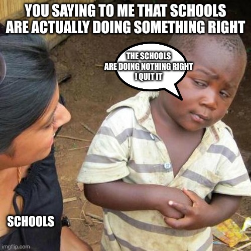Third World Skeptical Kid | YOU SAYING TO ME THAT SCHOOLS ARE ACTUALLY DOING SOMETHING RIGHT; THE SCHOOLS ARE DOING NOTHING RIGHT
! QUIT IT; SCHOOLS | image tagged in memes,third world skeptical kid | made w/ Imgflip meme maker