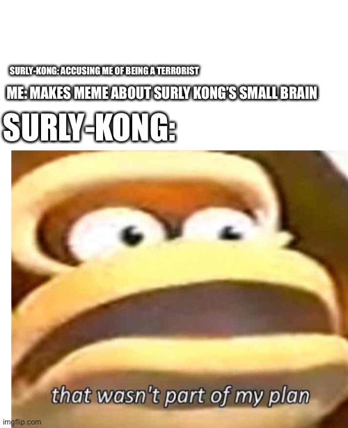 That wasn't part of my plan | SURLY-KONG: ACCUSING ME OF BEING A TERRORIST; ME: MAKES MEME ABOUT SURLY KONG’S SMALL BRAIN; SURLY-KONG: | image tagged in that wasn't part of my plan | made w/ Imgflip meme maker