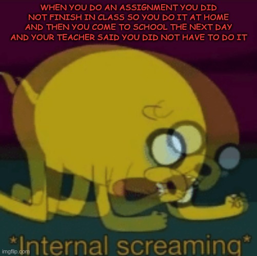 Have you done this before | WHEN YOU DO AN ASSIGNMENT YOU DID NOT FINISH IN CLASS SO YOU DO IT AT HOME AND THEN YOU COME TO SCHOOL THE NEXT DAY AND YOUR TEACHER SAID YOU DID NOT HAVE TO DO IT | image tagged in jake the dog internal screaming | made w/ Imgflip meme maker