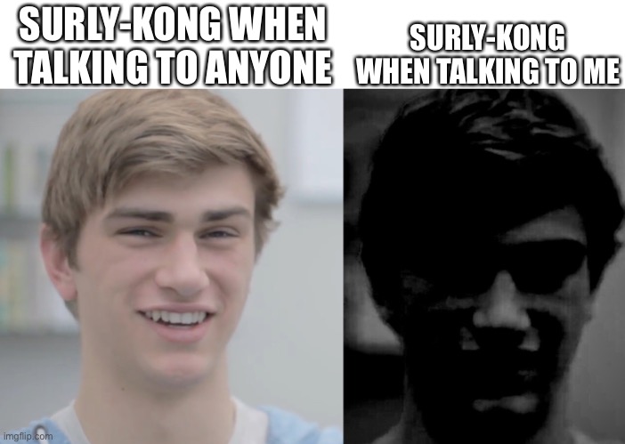 when X VS when Y | SURLY-KONG WHEN TALKING TO ME; SURLY-KONG WHEN TALKING TO ANYONE | image tagged in when x vs when y | made w/ Imgflip meme maker