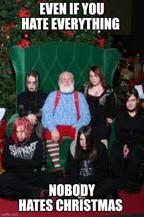 Goths and Santa | EVEN IF YOU HATE EVERYTHING; NOBODY HATES CHRISTMAS | image tagged in goths and santa,memes | made w/ Imgflip meme maker