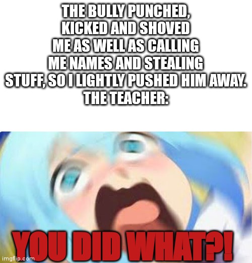 Anime Girl Blur | THE BULLY PUNCHED, KICKED AND SHOVED ME AS WELL AS CALLING ME NAMES AND STEALING STUFF, SO I LIGHTLY PUSHED HIM AWAY.
THE TEACHER:; YOU DID WHAT?! | image tagged in anime girl blur | made w/ Imgflip meme maker