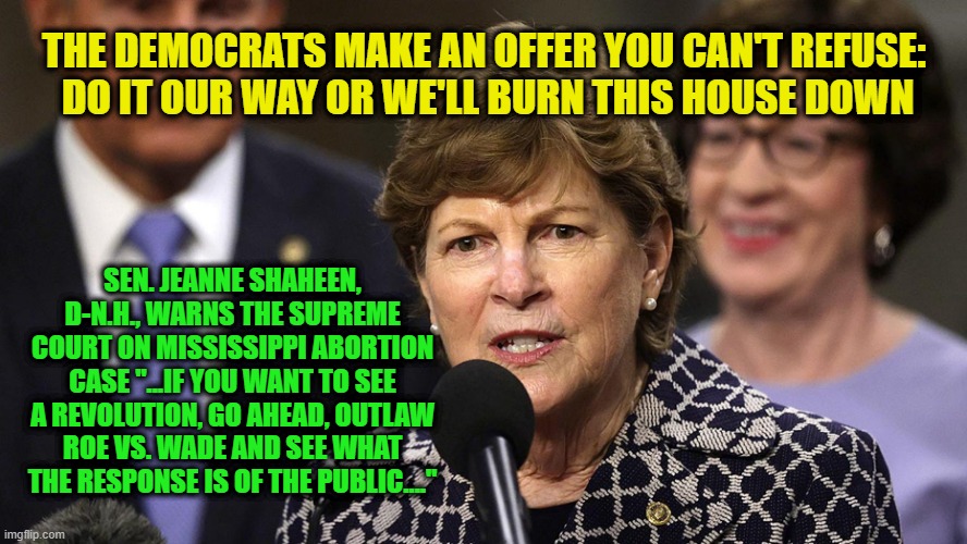 If You Can't Convince by Argument, Win through Intimidation | THE DEMOCRATS MAKE AN OFFER YOU CAN'T REFUSE:
 DO IT OUR WAY OR WE'LL BURN THIS HOUSE DOWN; SEN. JEANNE SHAHEEN, D-N.H., WARNS THE SUPREME COURT ON MISSISSIPPI ABORTION CASE "...IF YOU WANT TO SEE A REVOLUTION, GO AHEAD, OUTLAW ROE VS. WADE AND SEE WHAT THE RESPONSE IS OF THE PUBLIC...." | image tagged in abortion,roe vs wade,supreme court,jeanne shaheen,revolution | made w/ Imgflip meme maker