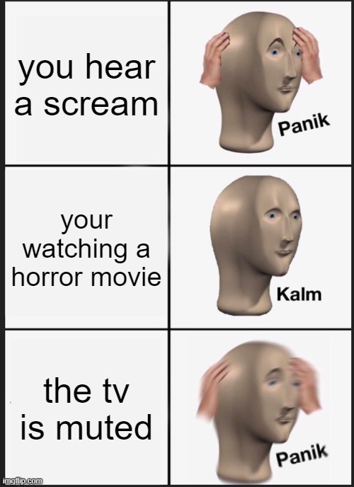 Time to panik | you hear a scream; your watching a horror movie; the tv is muted | image tagged in memes,panik kalm panik | made w/ Imgflip meme maker