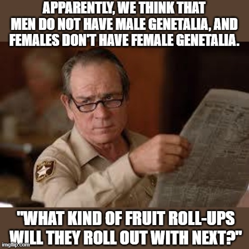 I honestly couldn't believe someone was this... *ponders polite word* "Misguided." | APPARENTLY, WE THINK THAT MEN DO NOT HAVE MALE GENETALIA, AND FEMALES DON'T HAVE FEMALE GENETALIA. "WHAT KIND OF FRUIT ROLL-UPS WILL THEY ROLL OUT WITH NEXT?" | image tagged in no country for old men tommy lee jones | made w/ Imgflip meme maker