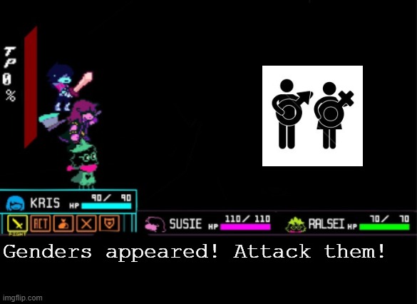 Blank Deltarune Battle | Genders appeared! Attack them! | image tagged in blank deltarune battle | made w/ Imgflip meme maker