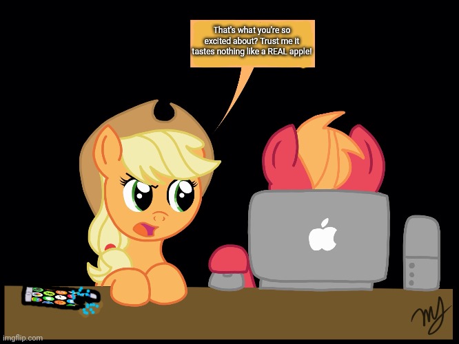 Big Mac's new mac | That's what you're so excited about? Trust me it tastes nothing like a REAL apple! | image tagged in mlp,big mac,applejack,computers,taste,funny | made w/ Imgflip meme maker