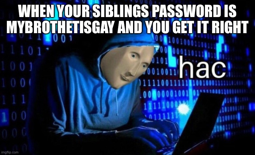 Hac | WHEN YOUR SIBLINGS PASSWORD IS MYBROTHETISGAY AND YOU GET IT RIGHT | image tagged in hac | made w/ Imgflip meme maker