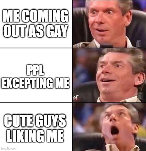 comment if ur LGBTQIA+❤ | ME COMING OUT AS GAY; PPL EXCEPTING ME; CUTE GUYS LIKING ME | image tagged in vince mcmahon | made w/ Imgflip meme maker