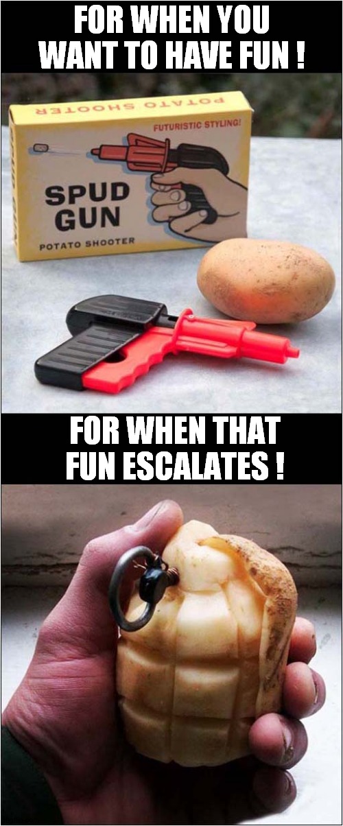 Covered In Starch ! | FOR WHEN YOU WANT TO HAVE FUN ! FOR WHEN THAT FUN ESCALATES ! | image tagged in potato,gun,grenade | made w/ Imgflip meme maker