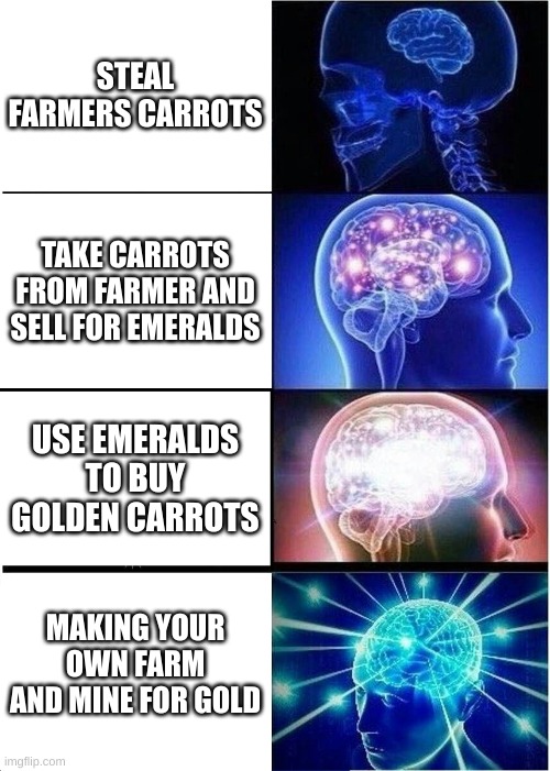 Minecraft Logic | STEAL FARMERS CARROTS; TAKE CARROTS FROM FARMER AND SELL FOR EMERALDS; USE EMERALDS TO BUY GOLDEN CARROTS; MAKING YOUR OWN FARM AND MINE FOR GOLD | image tagged in memes,expanding brain,funny,video games,minecraft | made w/ Imgflip meme maker