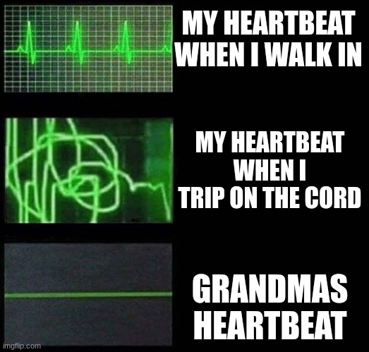 Heartbeat Empty Template | MY HEARTBEAT WHEN I WALK IN GRANDMAS HEARTBEAT MY HEARTBEAT WHEN I TRIP ON THE CORD | image tagged in heartbeat empty template | made w/ Imgflip meme maker