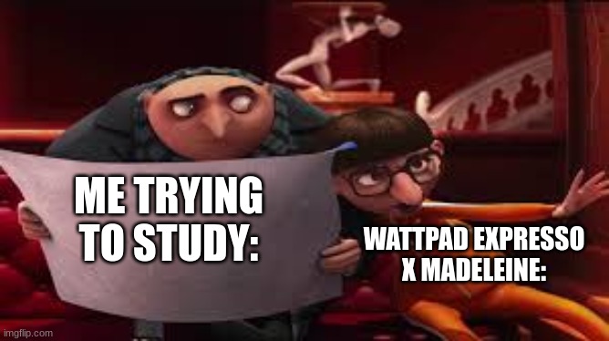 Gru Reading While Vector Explains | ME TRYING TO STUDY:; WATTPAD EXPRESSO X MADELEINE: | image tagged in gru reading while vector explains | made w/ Imgflip meme maker