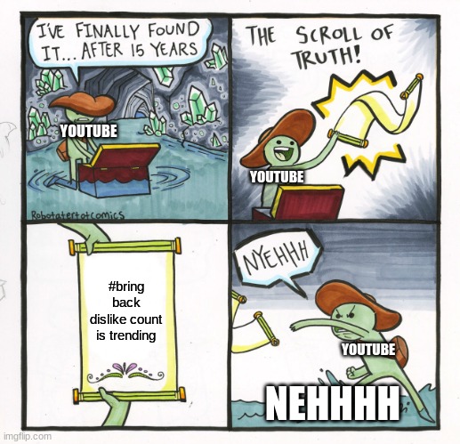 The Scroll Of Truth | YOUTUBE; YOUTUBE; #bring back dislike count is trending; YOUTUBE; NEHHHH | image tagged in memes,the scroll of truth | made w/ Imgflip meme maker