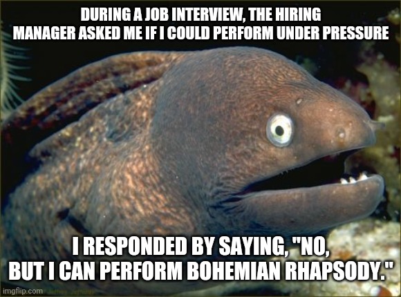 Bad Joke Eel |  DURING A JOB INTERVIEW, THE HIRING MANAGER ASKED ME IF I COULD PERFORM UNDER PRESSURE; I RESPONDED BY SAYING, "NO, BUT I CAN PERFORM BOHEMIAN RHAPSODY." | image tagged in memes,bad joke eel | made w/ Imgflip meme maker