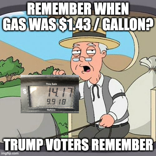 Pepperidge Farm Remembers | REMEMBER WHEN GAS WAS $1.43 / GALLON? TRUMP VOTERS REMEMBER | image tagged in memes,pepperidge farm remembers | made w/ Imgflip meme maker