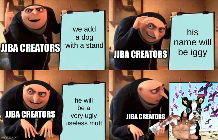 In the mind of Hirohiko | we add a dog with a stand; his name will be iggy; JJBA CREATORS; JJBA CREATORS; he will be a very ugly useless mutt; JJBA CREATORS; JJBA CREATORS | image tagged in memes,gru's plan,jjba,jojo's bizarre adventure,jojo,jojo meme | made w/ Imgflip meme maker