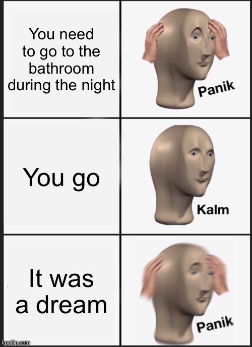 Has this ever happened to you? | You need to go to the bathroom during the night; You go; It was a dream | image tagged in memes,panik kalm panik | made w/ Imgflip meme maker